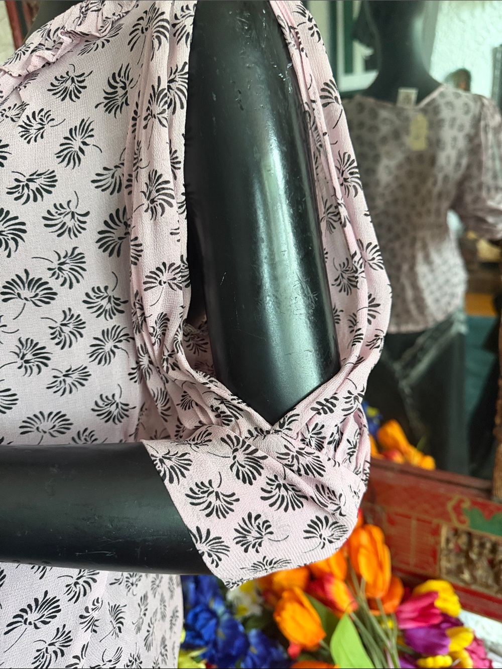 Pink Floral Print Ruffled Neck Blouses - Picture 2 of 7